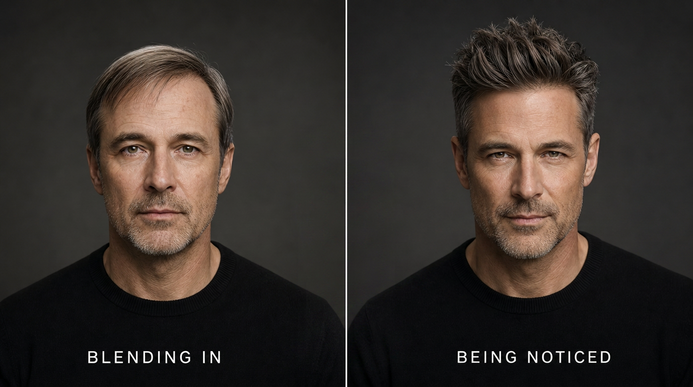 before and after comparison showing flat hair blending in versus voluminous textured hair being noticed