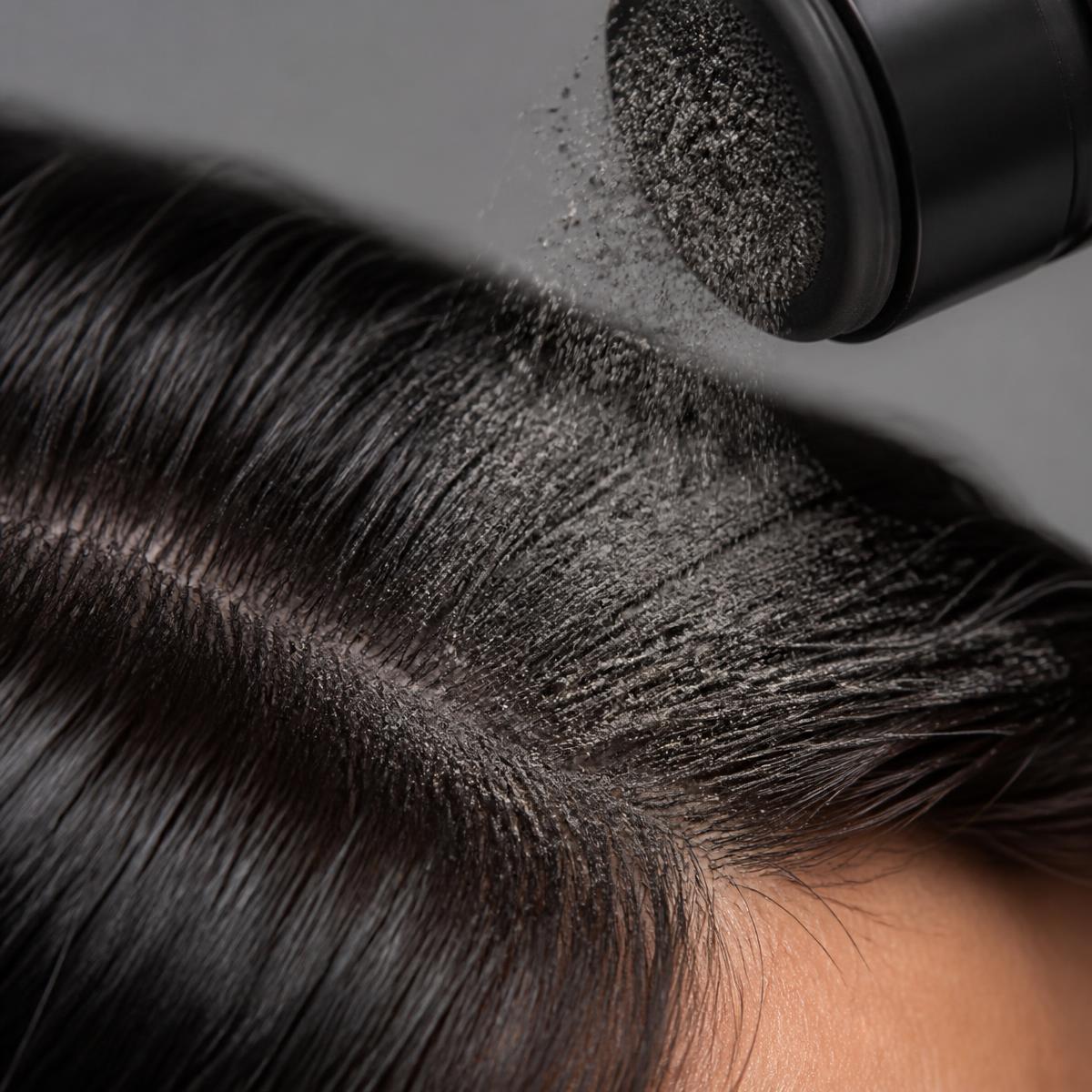 close-up of texture powder applied at the hair roots for lift